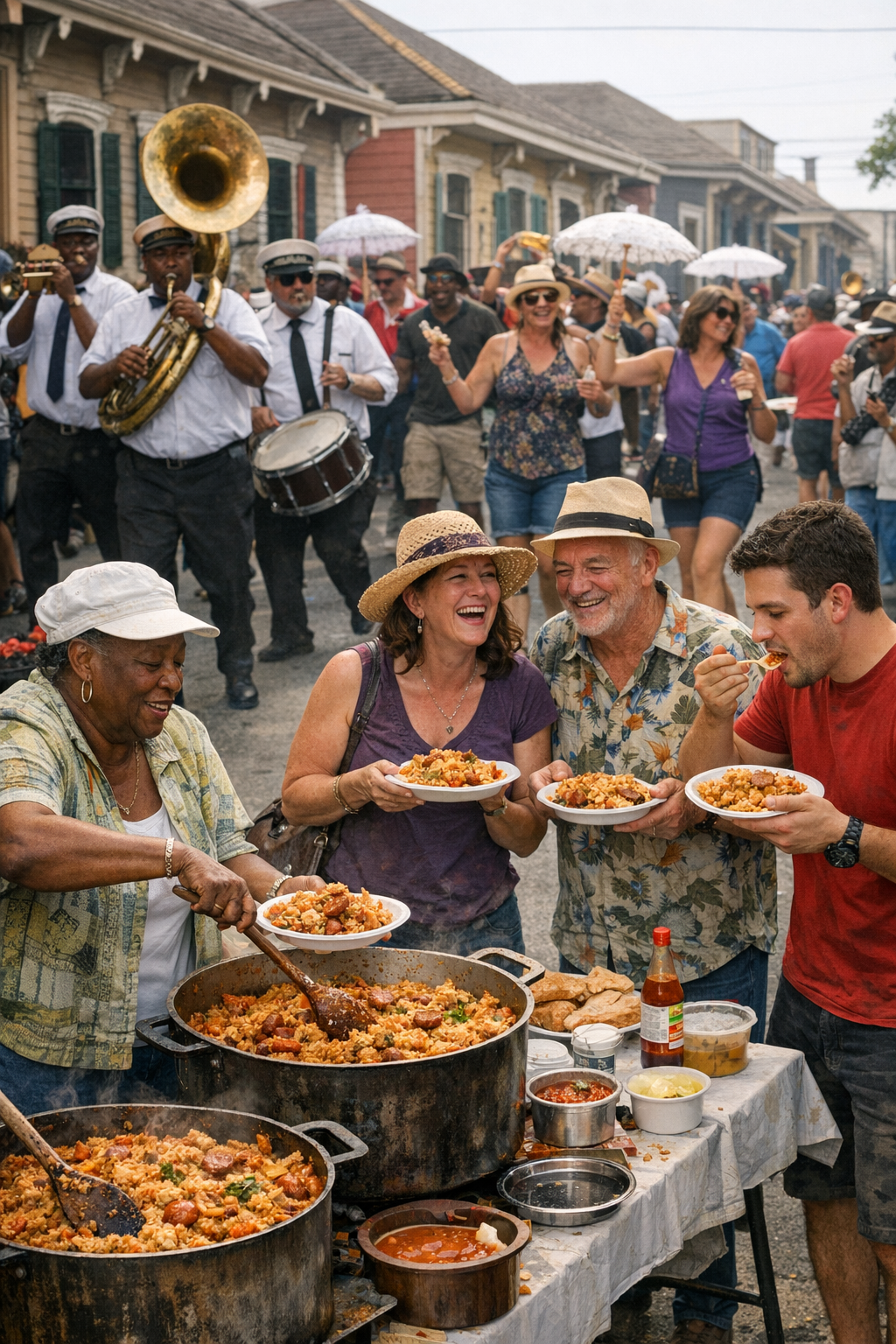 Second line parade en Nueva Orleans con gente comiendo jambalaya en la calle