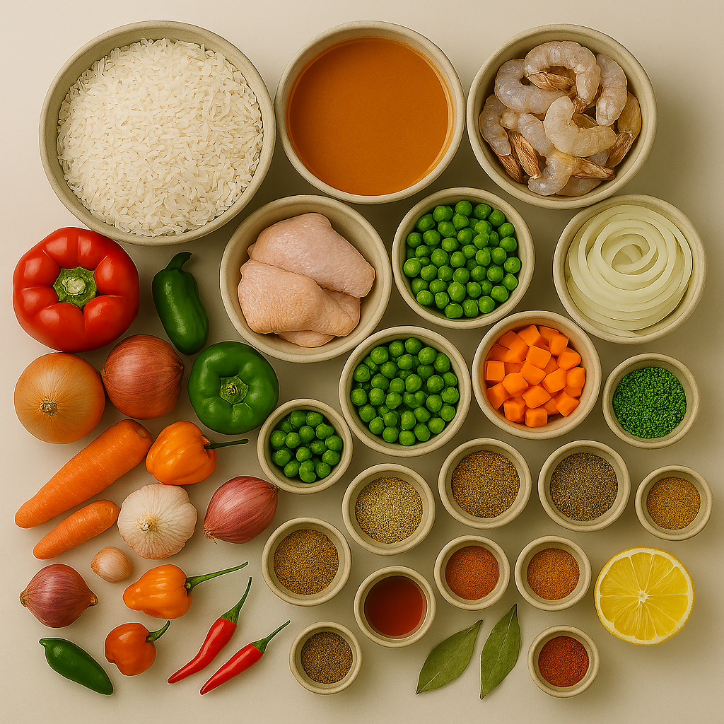 Ingredientes para Jollof Rice: tomates, pimientos, arroz, especias y proteínas