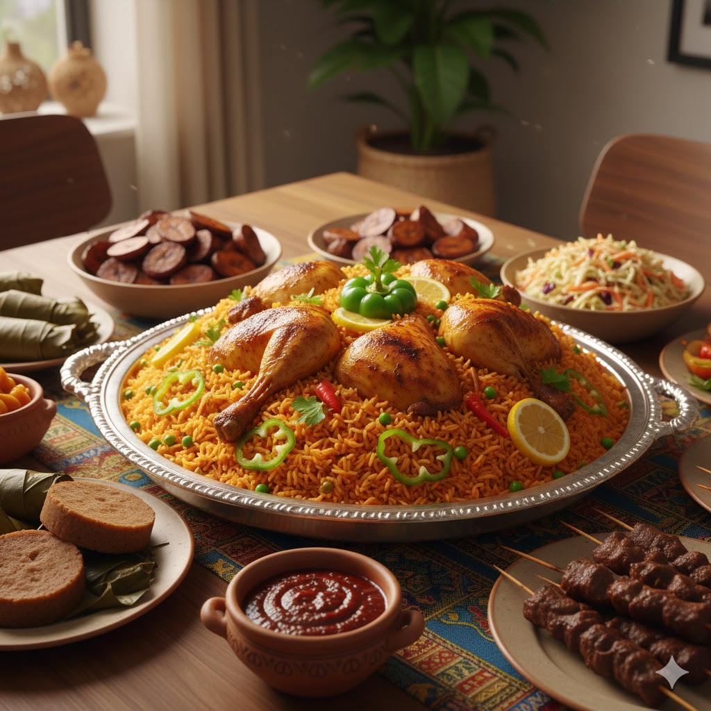Jollof Rice presentado en fuente grande con pollo y plátano frito al lado