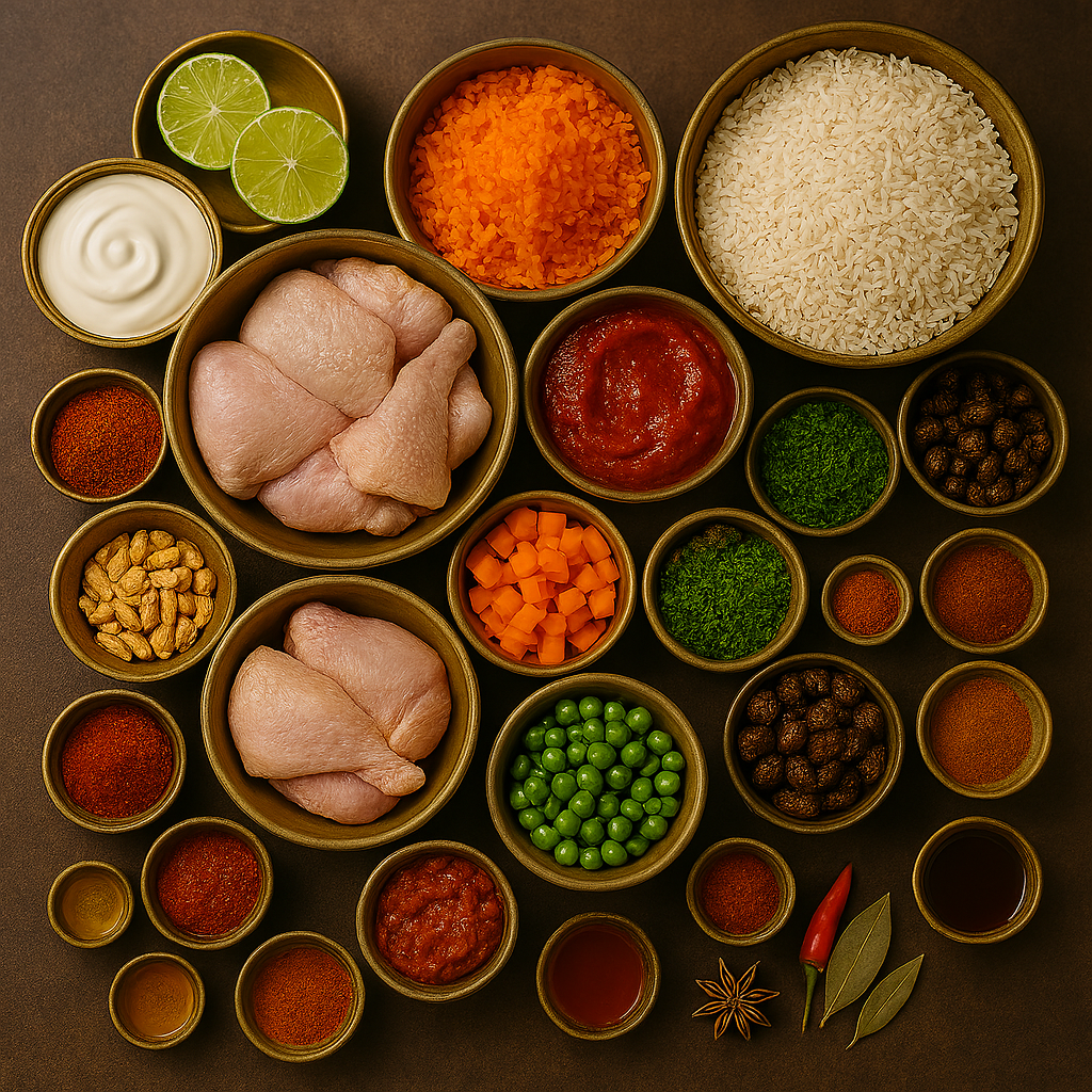 Ingredientes para Kabsa: especias árabes, arroz basmati, pollo y frutos secos