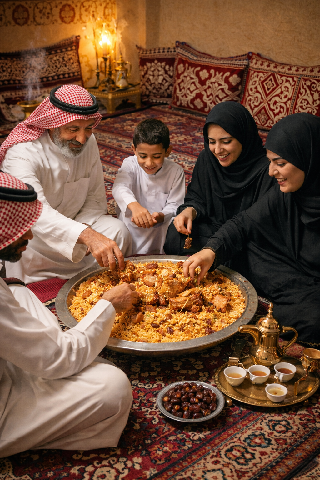 Familia saudí compartiendo Kabsa en un majlis tradicional con decoraciones árabes