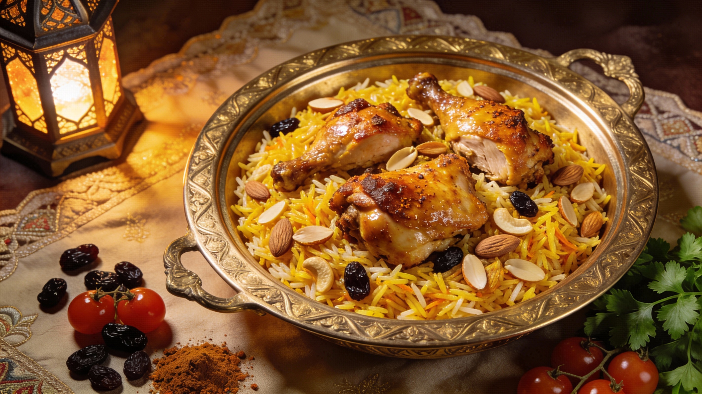 Kabsa de pollo dorado en fuente grande decorado con almendras y pasas