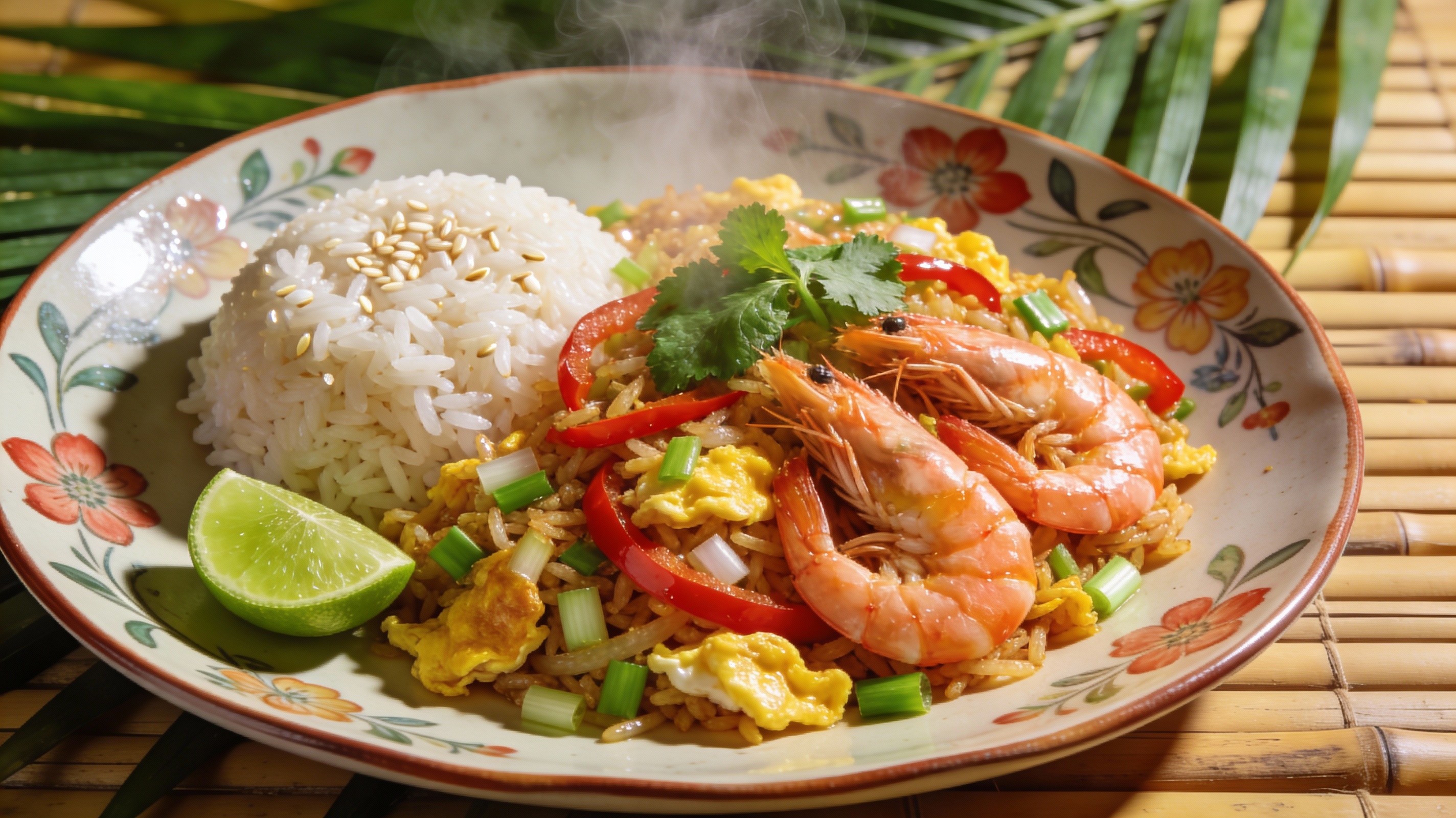 Khao Pad tailandés humeante en plato con camarones, huevo y hierbas frescas