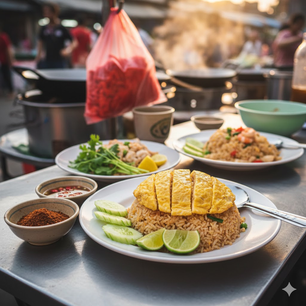 Khao Pad servido en plato con omelette tailandés encima, rodajas de pepino y lima al lado