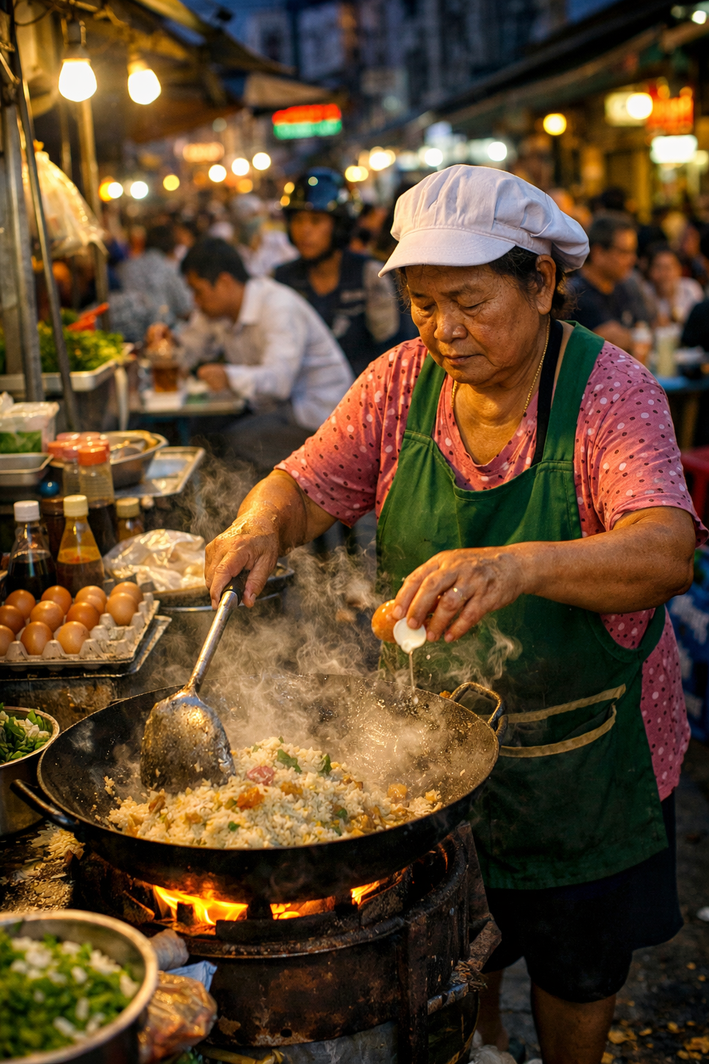 Puesto callejero de Khao Pad en Bangkok con chef cocinando en wok humeante