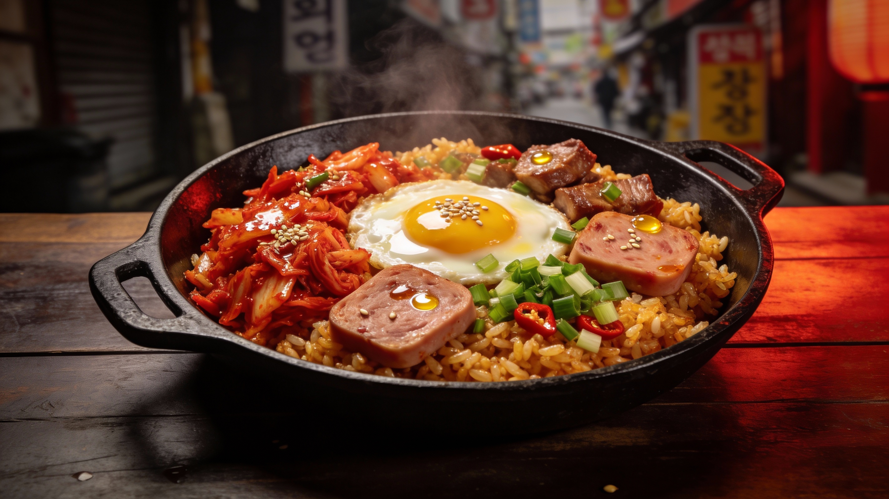 Kimchi Bokkeumbap humeante en sartén de hierro fundido con huevo frito y kimchi fresco
