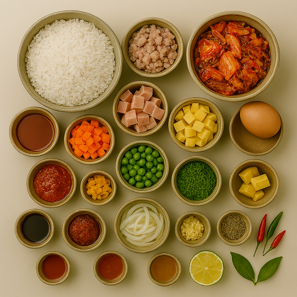 Ingredientes para Kimchi Bokkeumbap: kimchi maduro, arroz coreano, huevos y especias