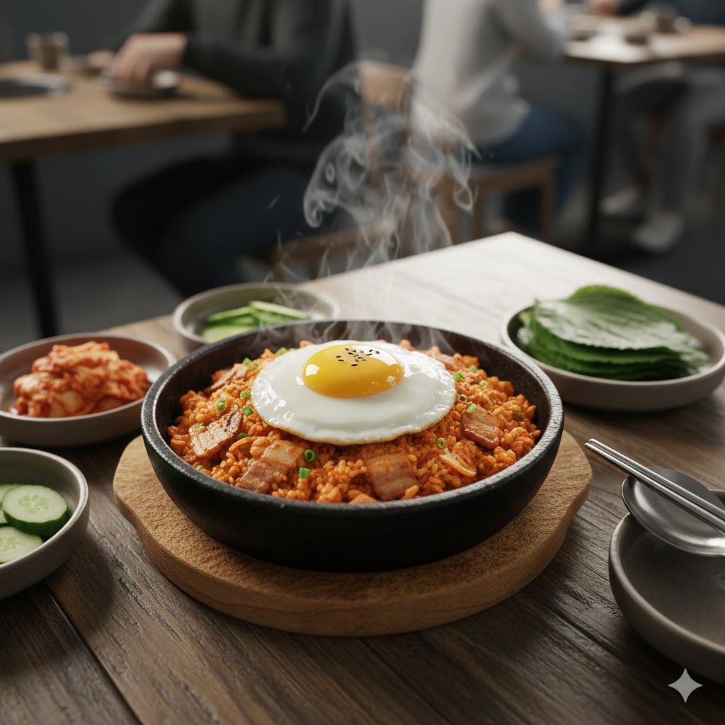 Kimchi Bokkeumbap servido en la sartén con huevo frito encima y kimchi fresco al lado