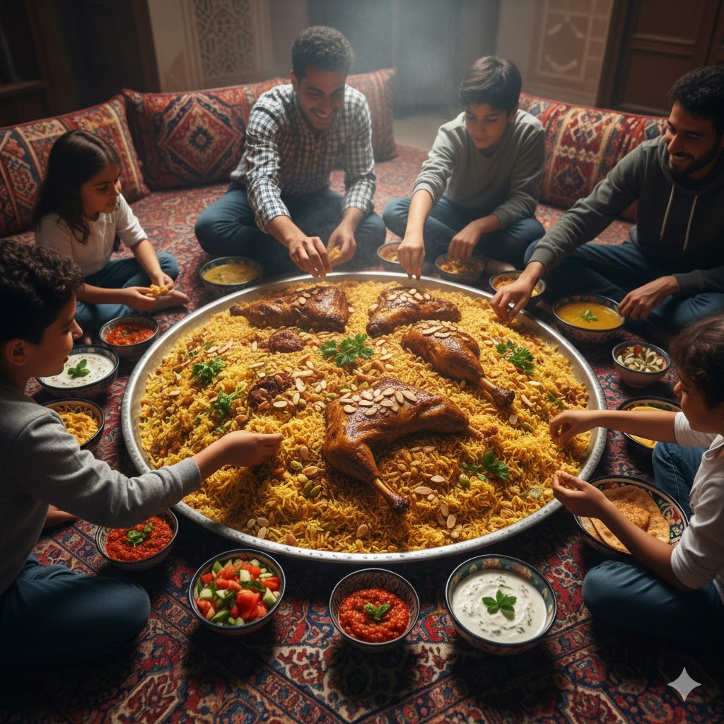 Mandi yemení servido en bandeja grande decorado con frutos secos, acompañado de salsas tradicionales