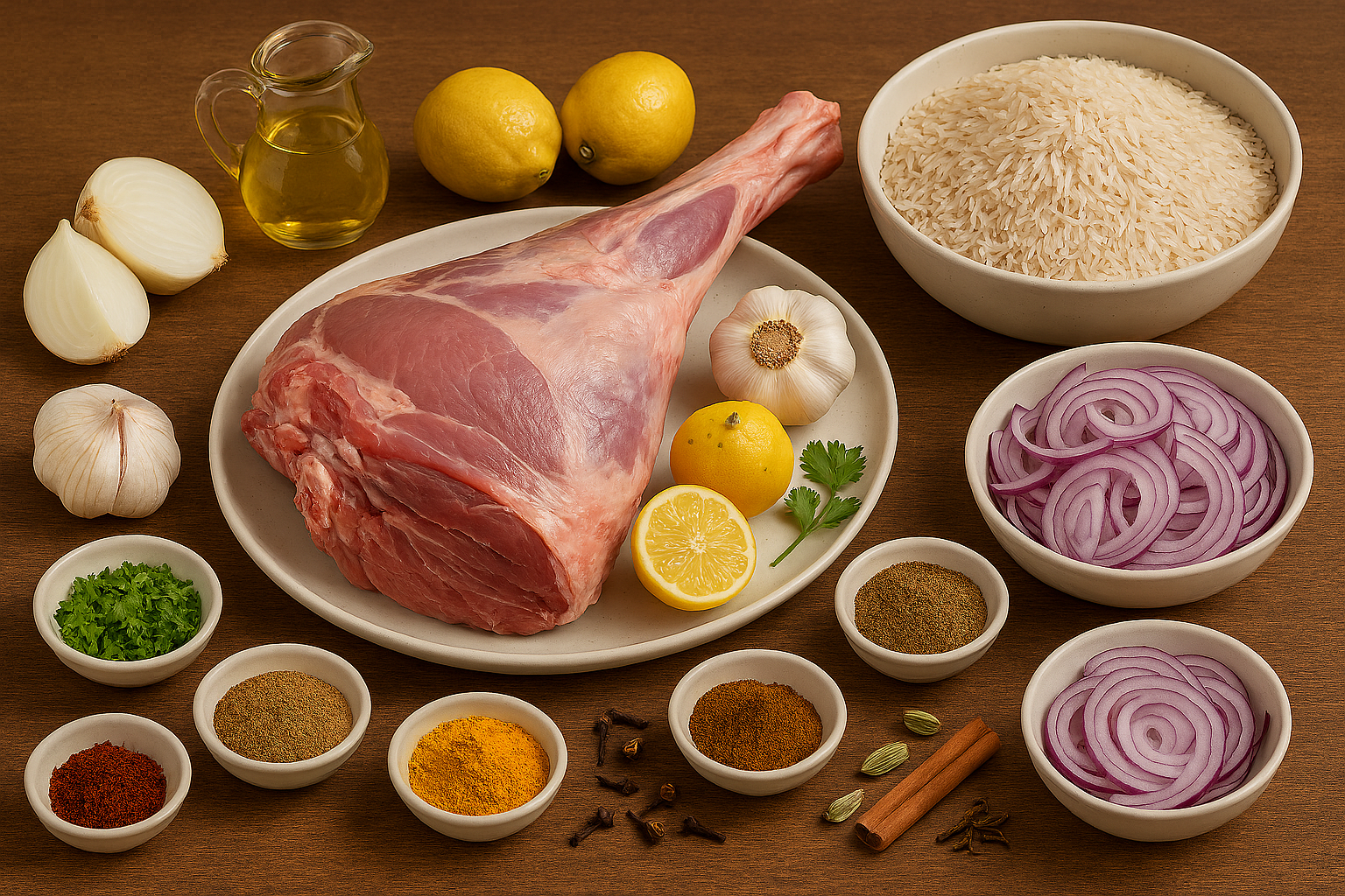 Ingredientes para Mandi yemení: cordero, arroz basmati, mezcla de especias hawaij, almendras y pasas