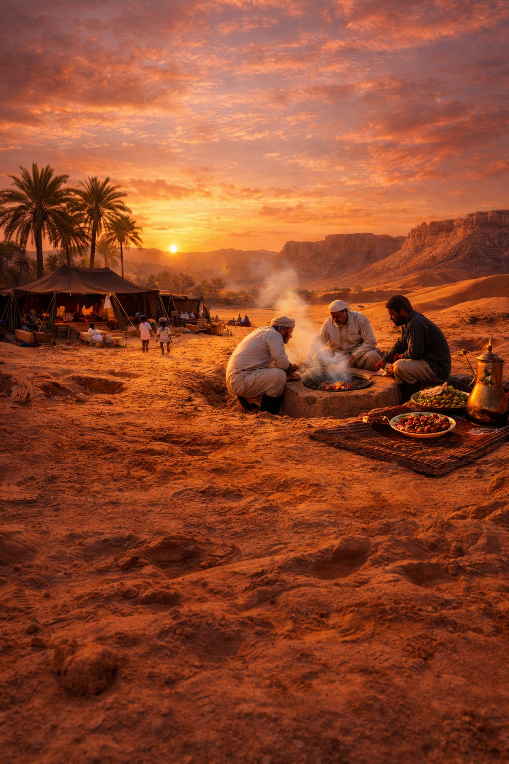 Paisaje desértico yemení con tiendas beduinas y preparación tradicional de Mandi
