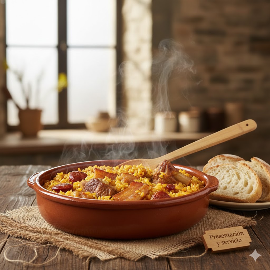 Arroz a la zamorana servido en cazuela: arroz meloso con chorizo, panceta y costilla