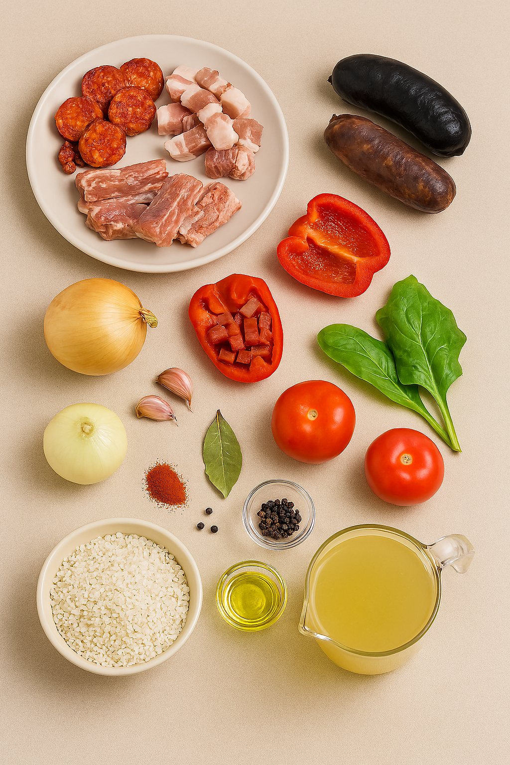 Ingredientes para arroz a la zamorana: chorizo, panceta, costilla, verduras, pimentón y arroz