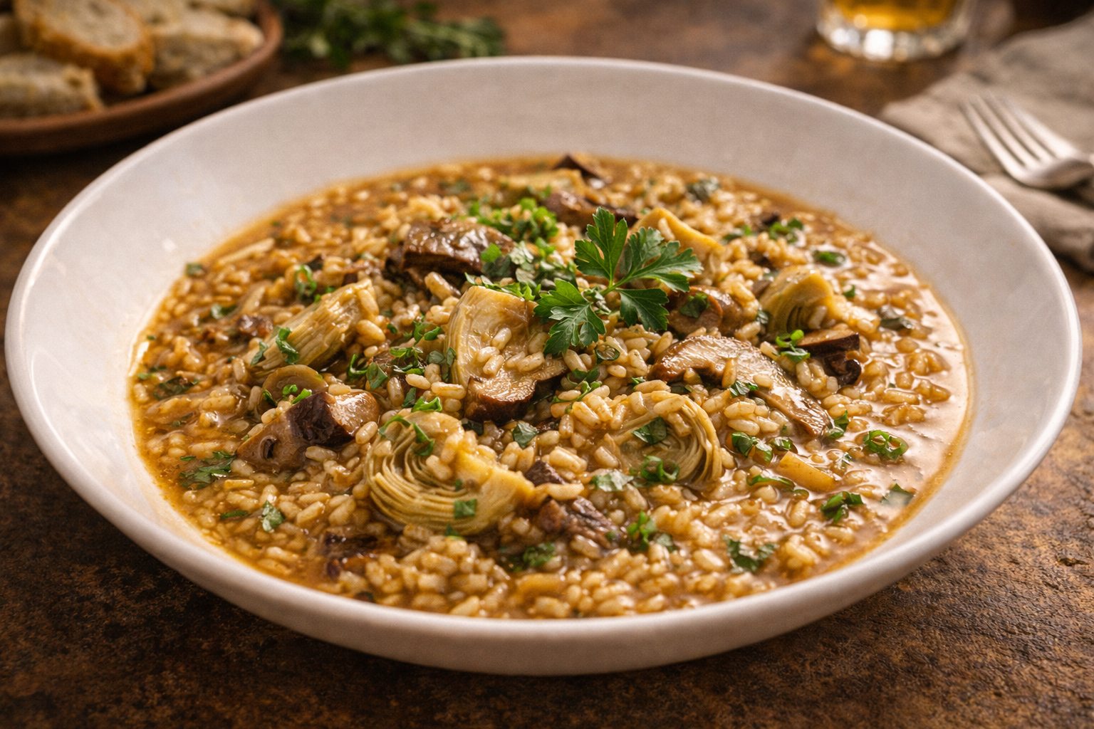 Arroz con alcachofas y setas servido en plato hondo con hierbas frescas