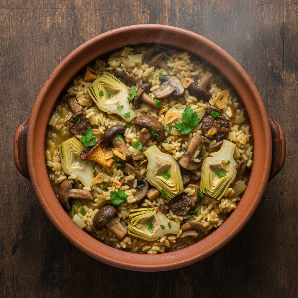 Arroz meloso con alcachofas y setas silvestres servido en cazuela de barro