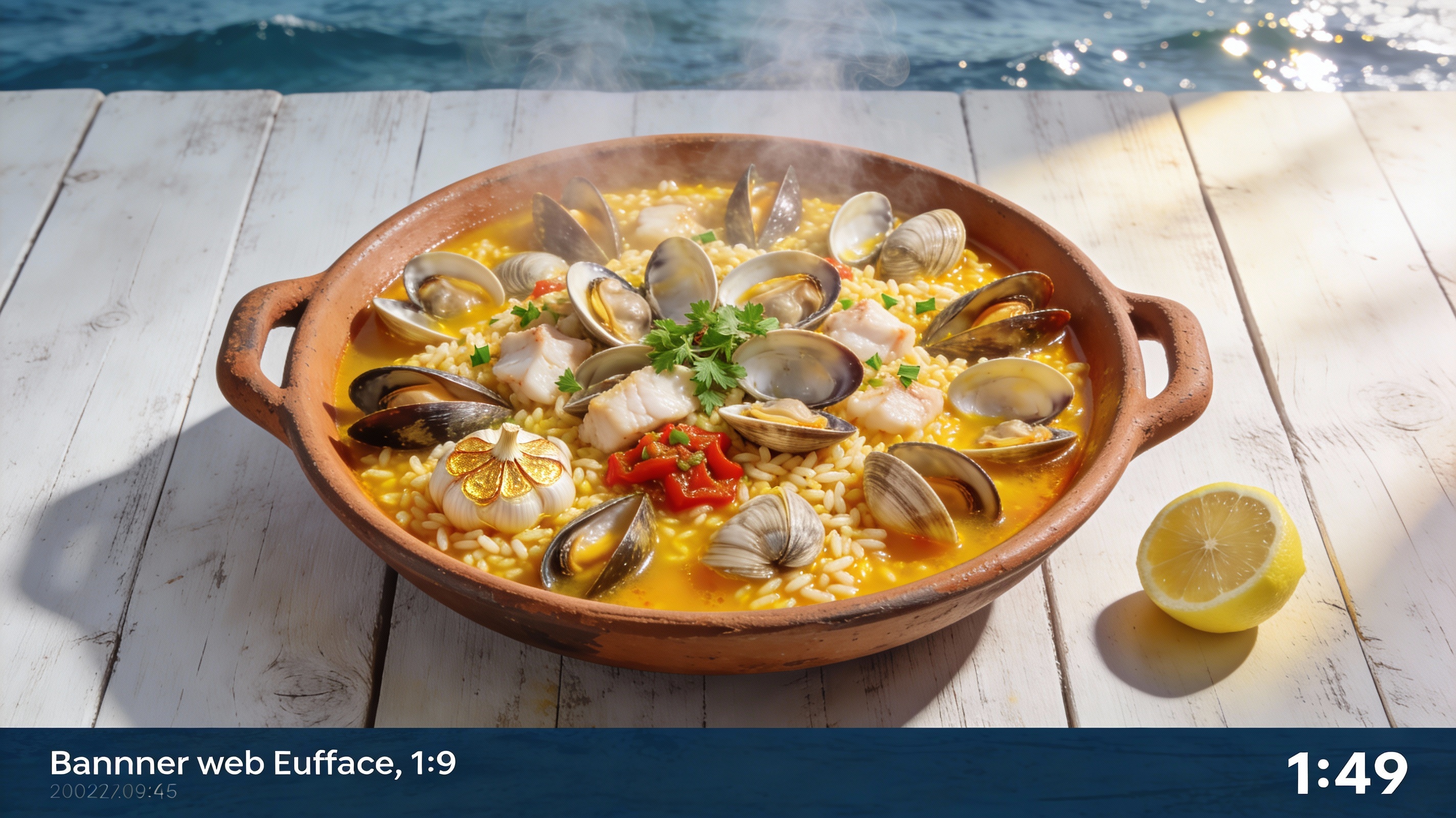 Arroz caldoso con almejas servido en cazuela de barro, con almejas abiertas sobre el arroz