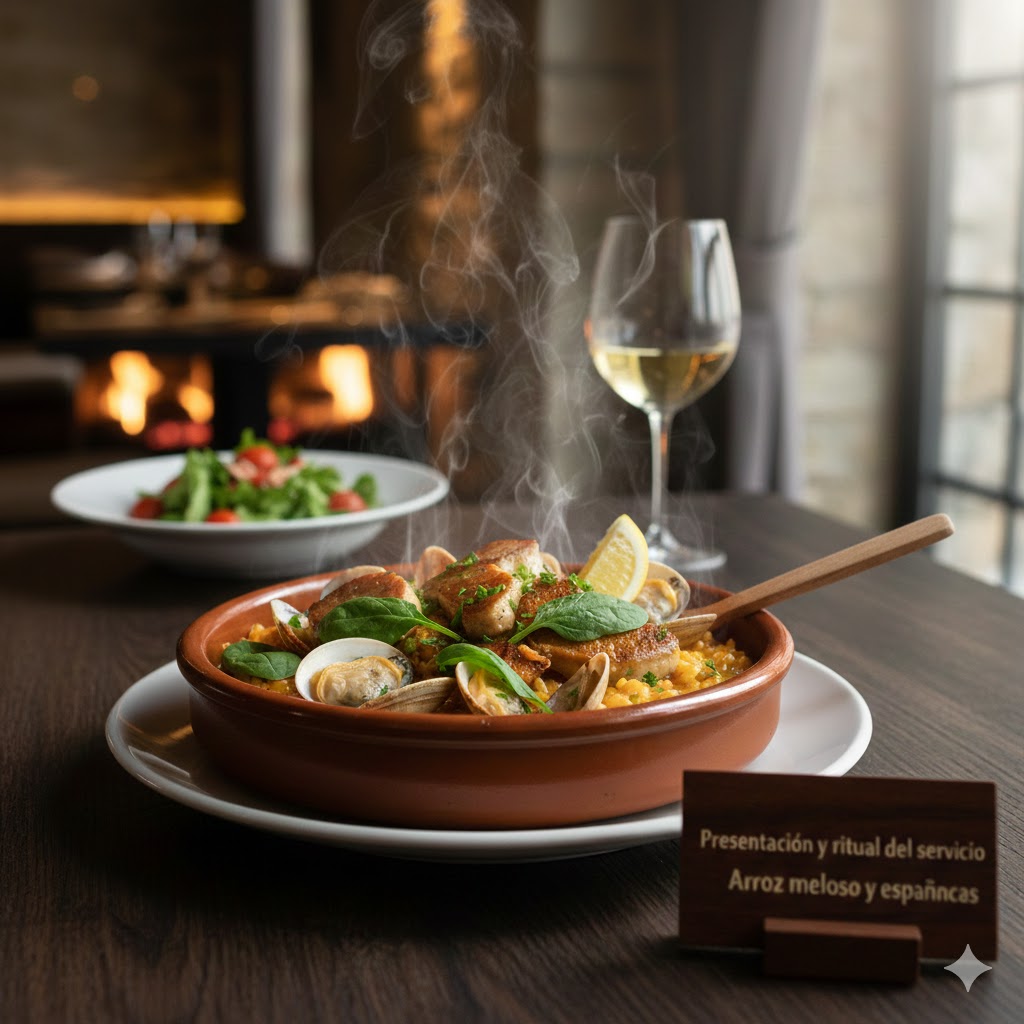 Arroz caldoso con almejas y espinacas servido en plato hondo con cuña de limón