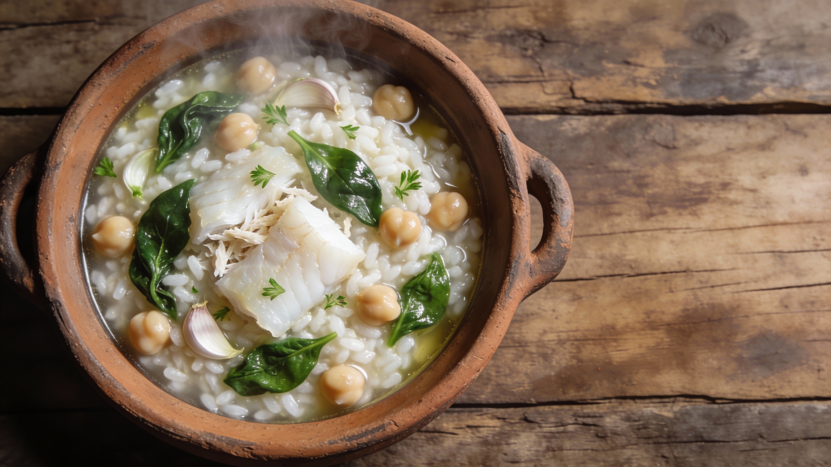 Arroz meloso con bacalao desmigado, espinacas frescas y garbanzos, servido en cazuela