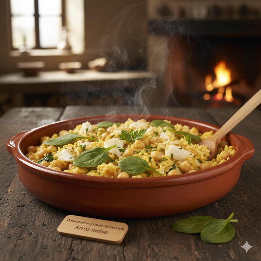 Arroz meloso servido en cazuela con los tres ingredientes bien visibles