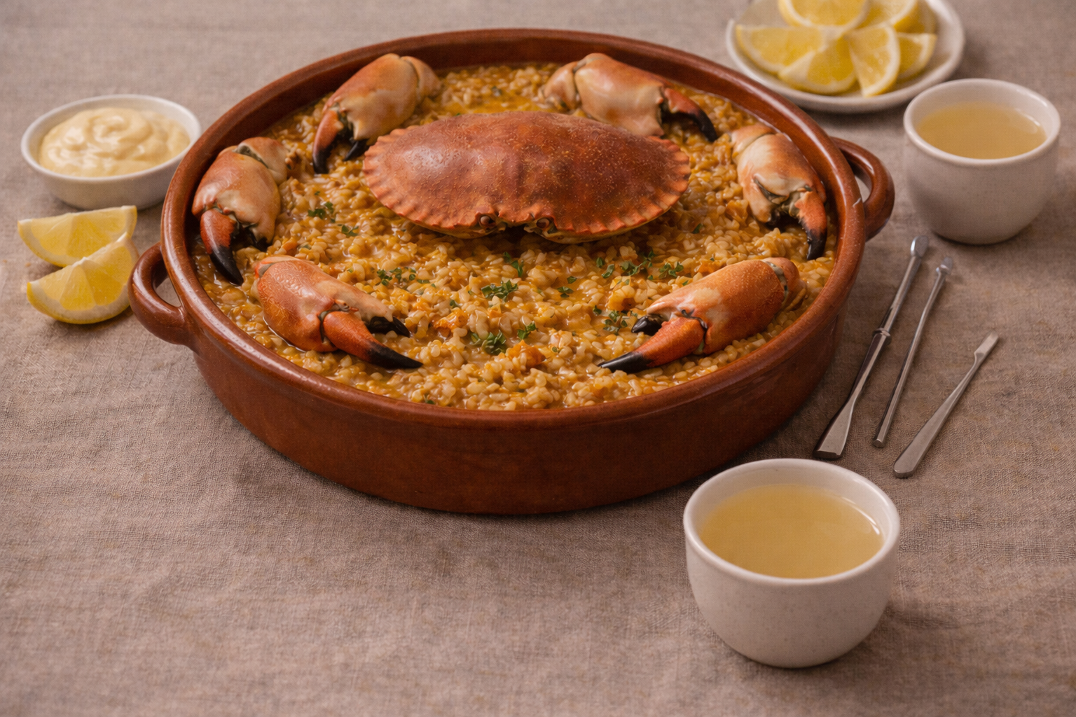 Arroz meloso con buey de mar presentado con el caparazón como decoración