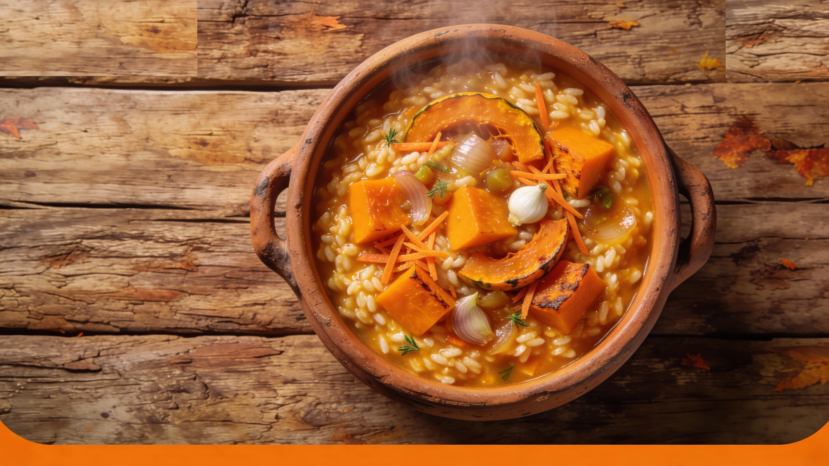 Arroz cremoso de calabaza y zanahoria con color naranja intenso, servido en cazuela