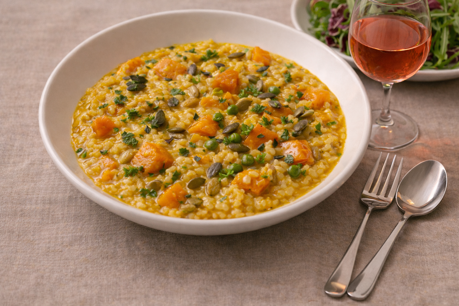 Arroz cremoso servido en plato hondo con trozos visibles de verdura