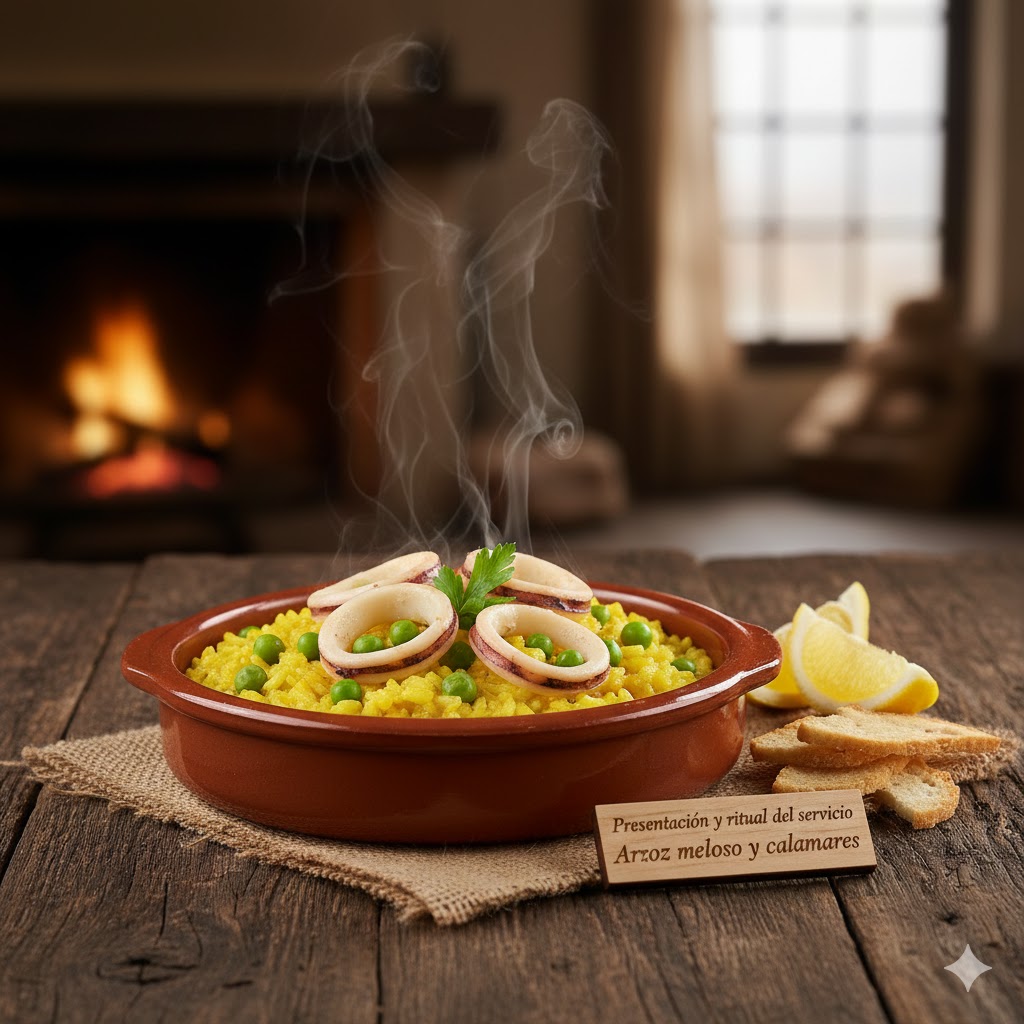 Arroz meloso servido en cazuela individual con calamares y guisantes visibles