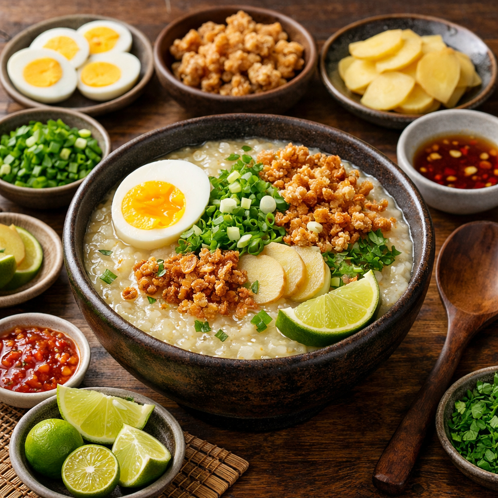 Arroz Caldo Filipino presentado con todos sus toppings coloridos