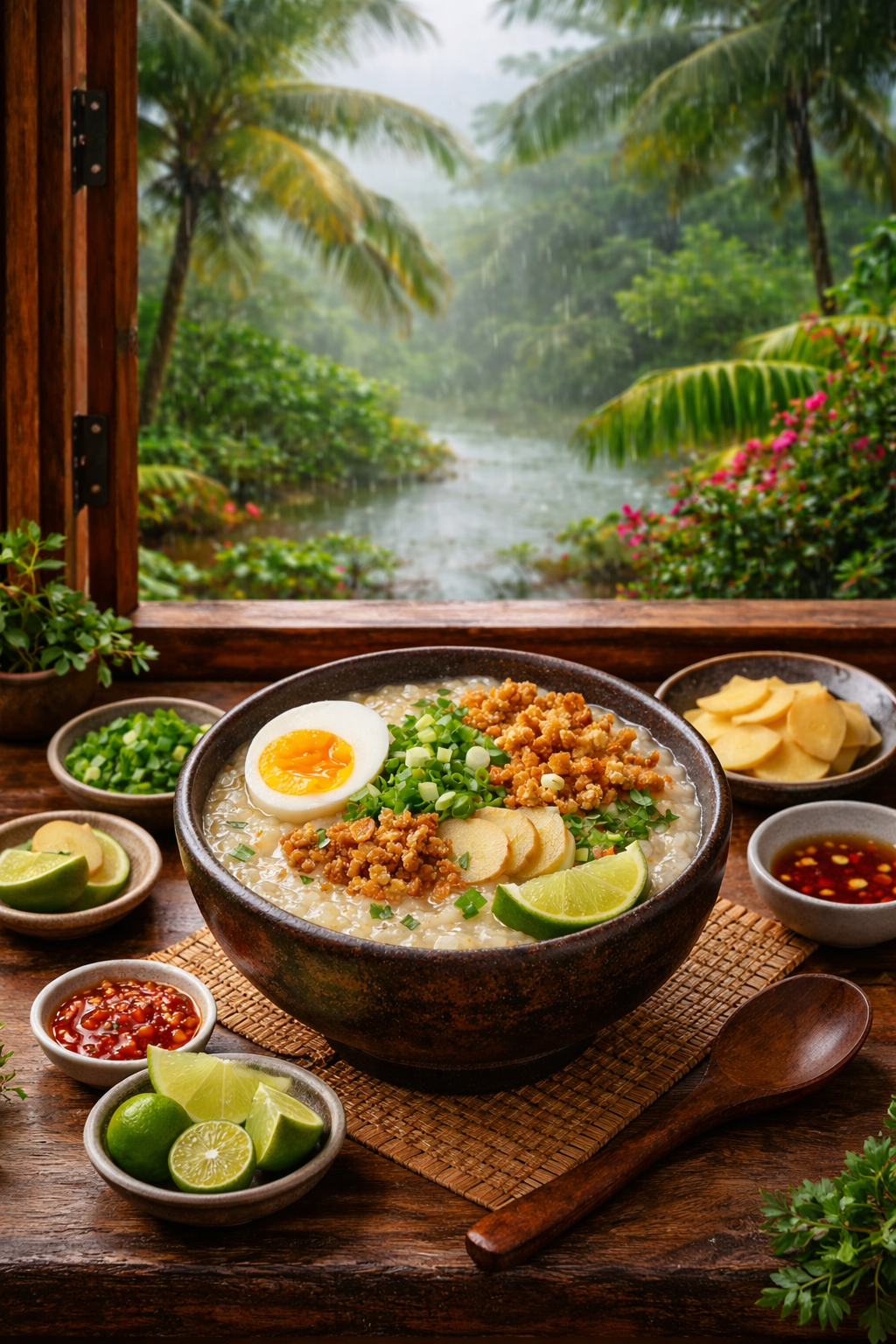 Arroz Caldo servido en un entorno tropical filipino