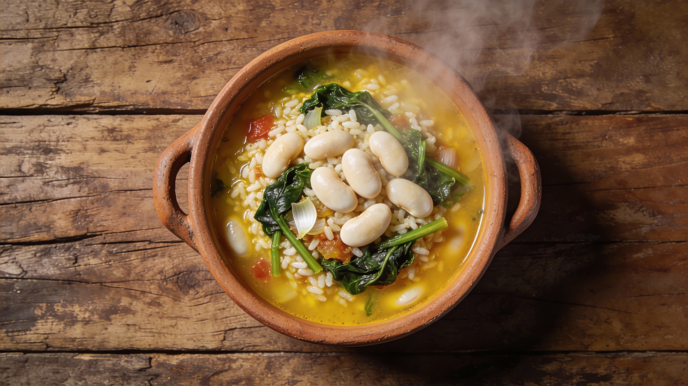 Arroz caldoso con alubias y acelgas servido en cazuela de barro tradicional