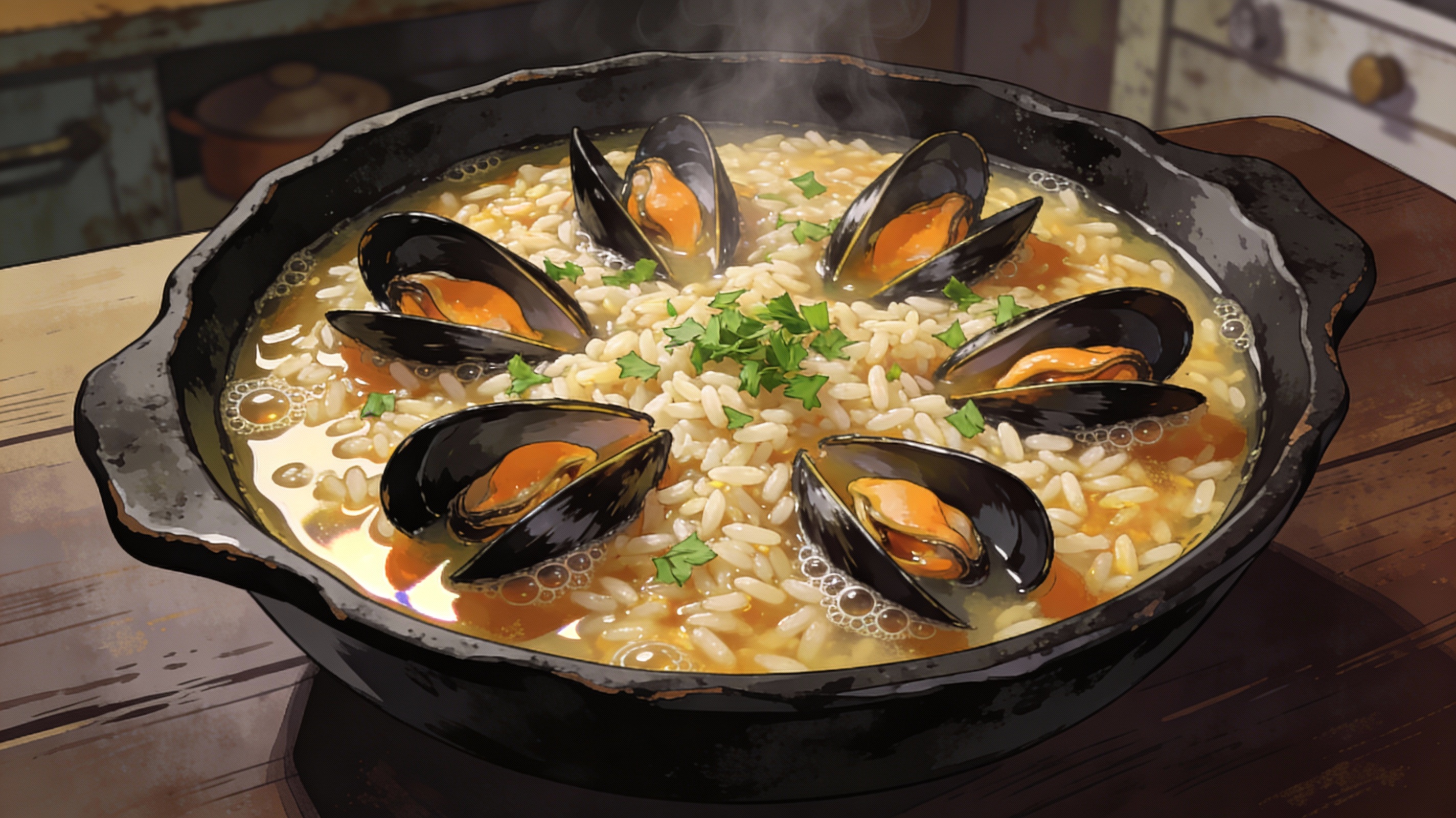 Arroz caldoso de mejillones servido en cazuela negra con mejillones abiertos y perejil fresco