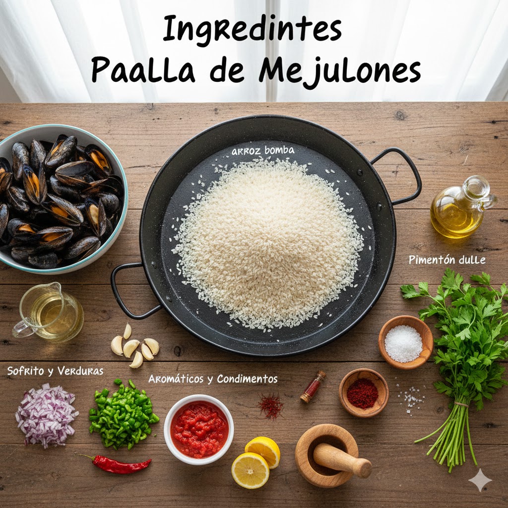 Ingredientes principales: mejillones frescos de roca, arroz bomba, tomates, ajo, pimiento verde y perejil
