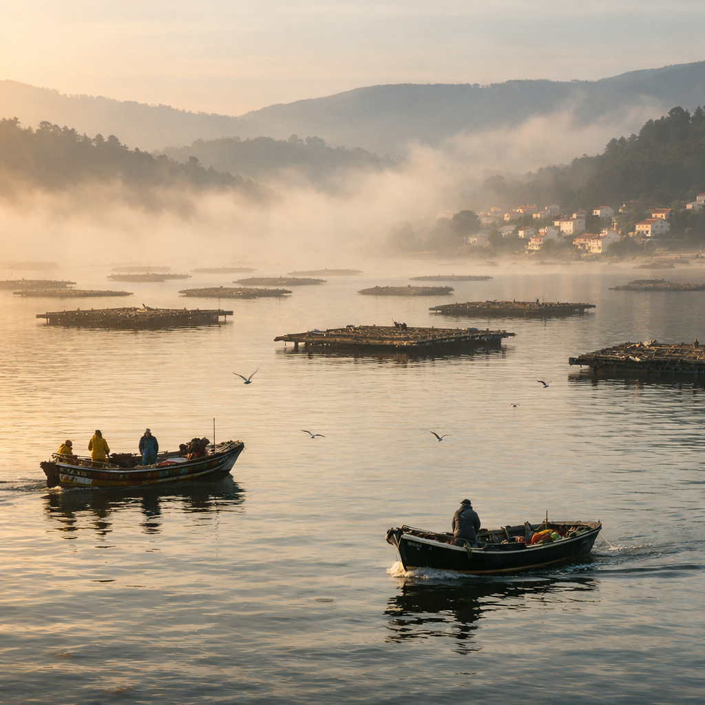Paisaje de las rías gallegas con bateas de mejillones en el agua, bruma matutina y barcas de pescadores