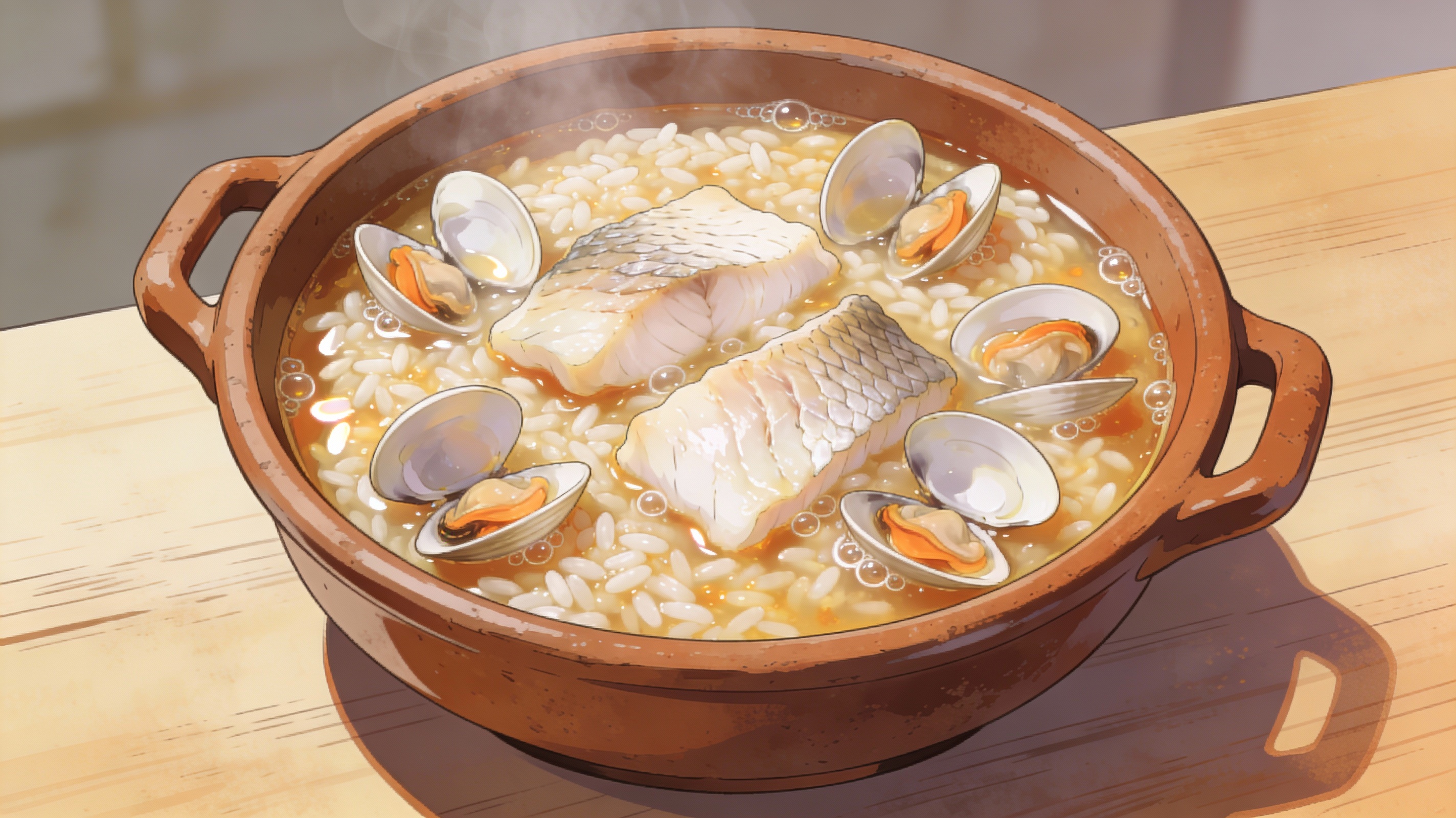 Arroz caldoso de mero y almejas presentado en cazuela de barro con trozos de mero blanco y almejas abiertas