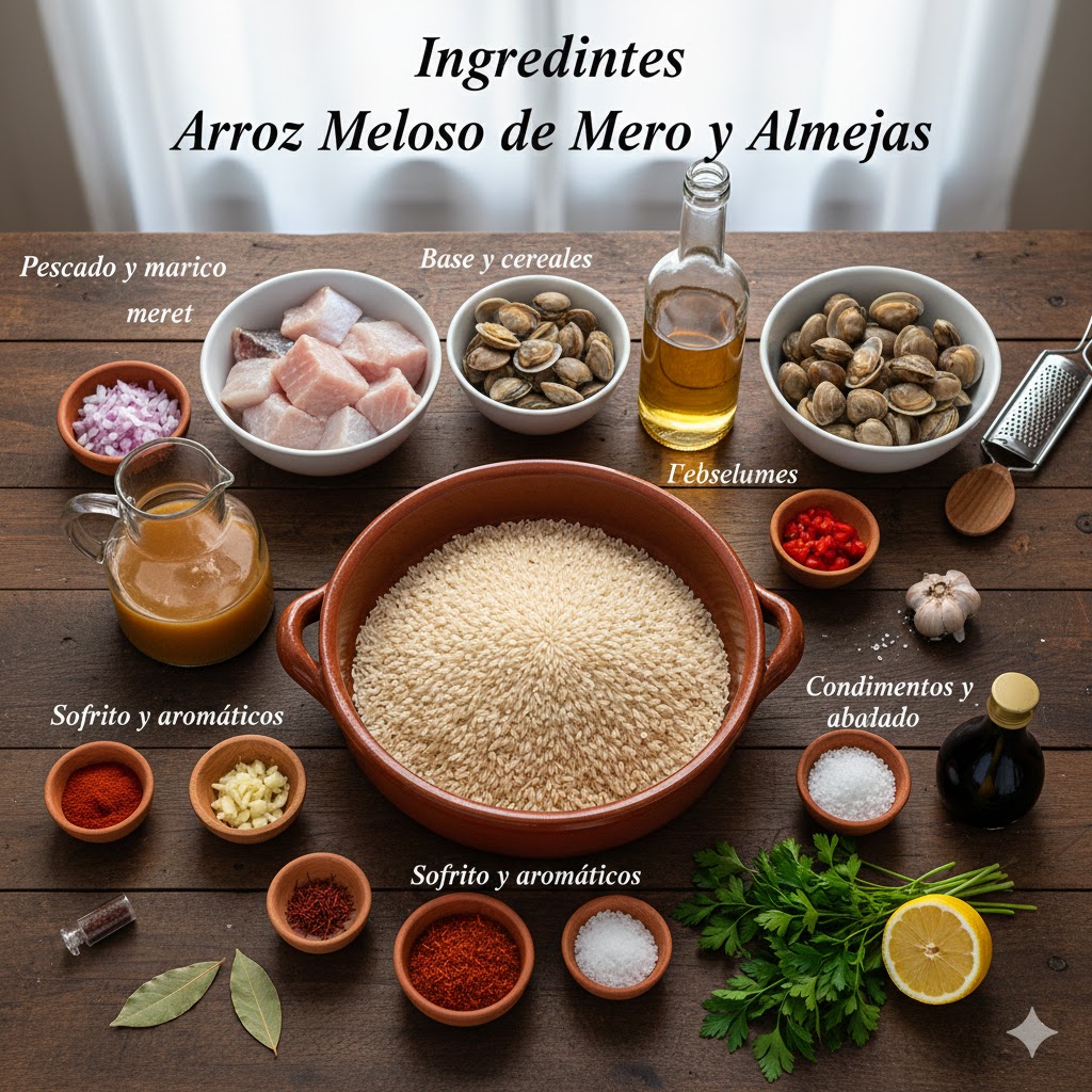 Ingredientes principales: lomo de mero limpio, almejas vivas, arroz bomba, tomate, ajo y azafrán