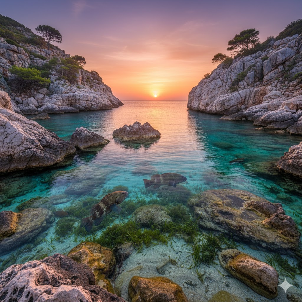 Cala rocosa mediterránea con aguas cristalinas, típico hábitat del mero, al atardecer