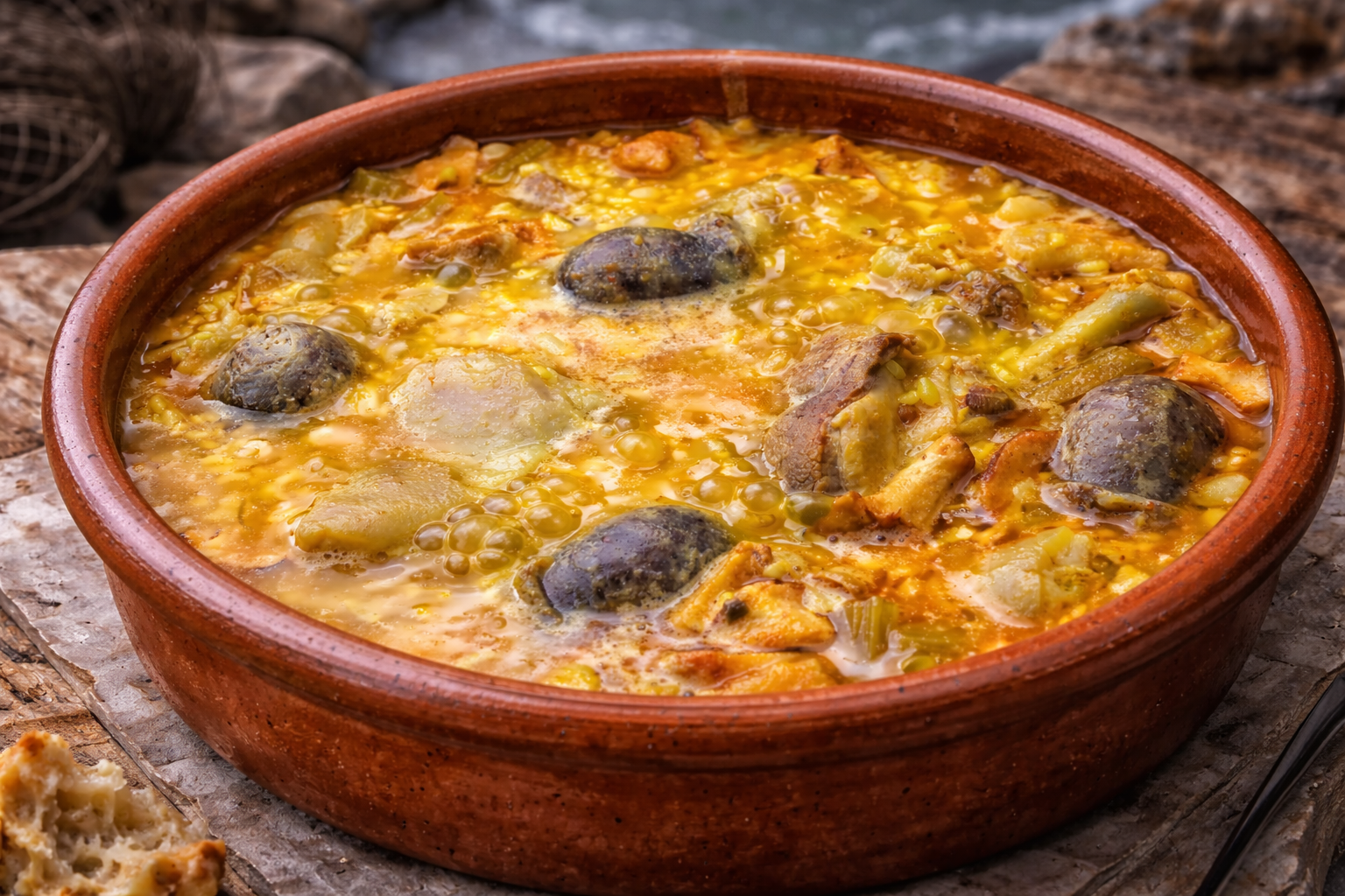 Arroz caldoso de pato con alubias y nabo servido en cazuela de barro, con muslos de pato dorados y verduras de temporada