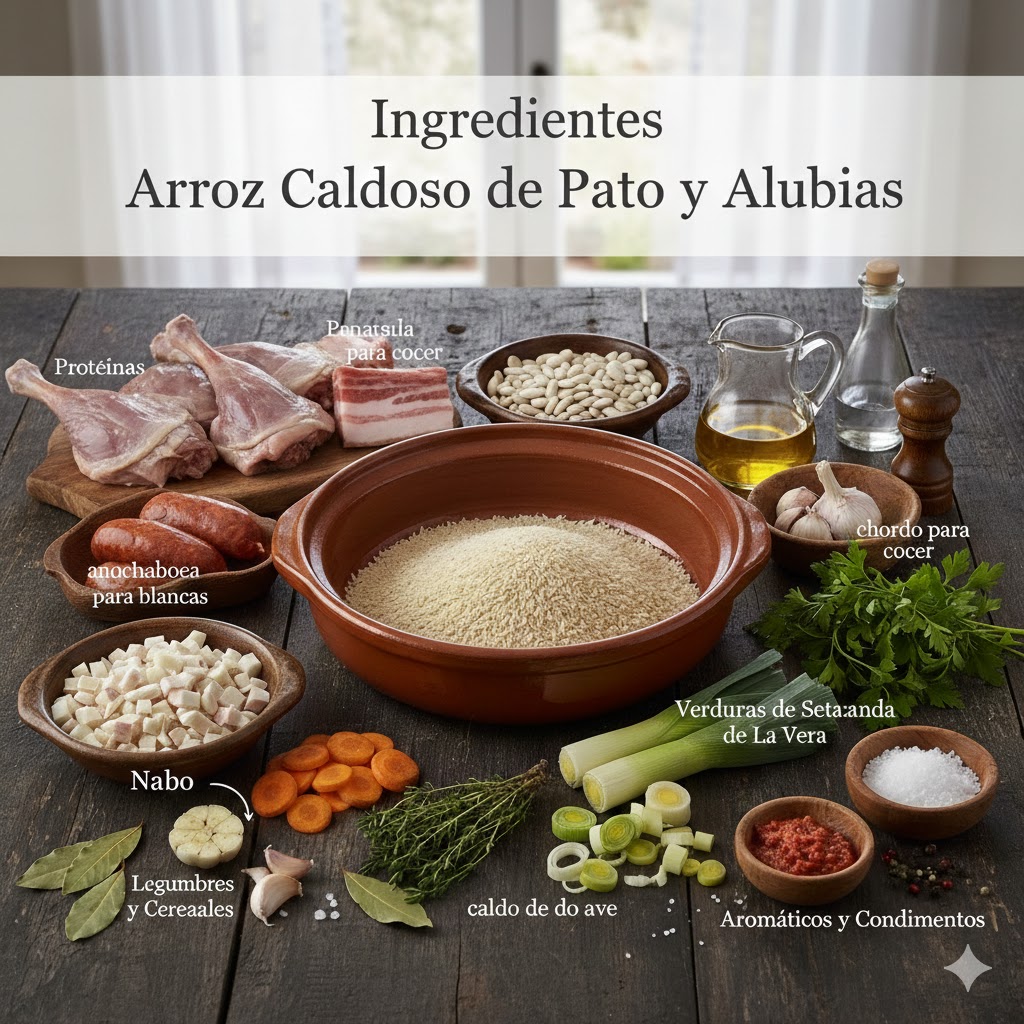 Ingredientes principales: muslos de pato con piel, alubias blancas, nabo fresco, zanahorias, puerros y especias de otoño