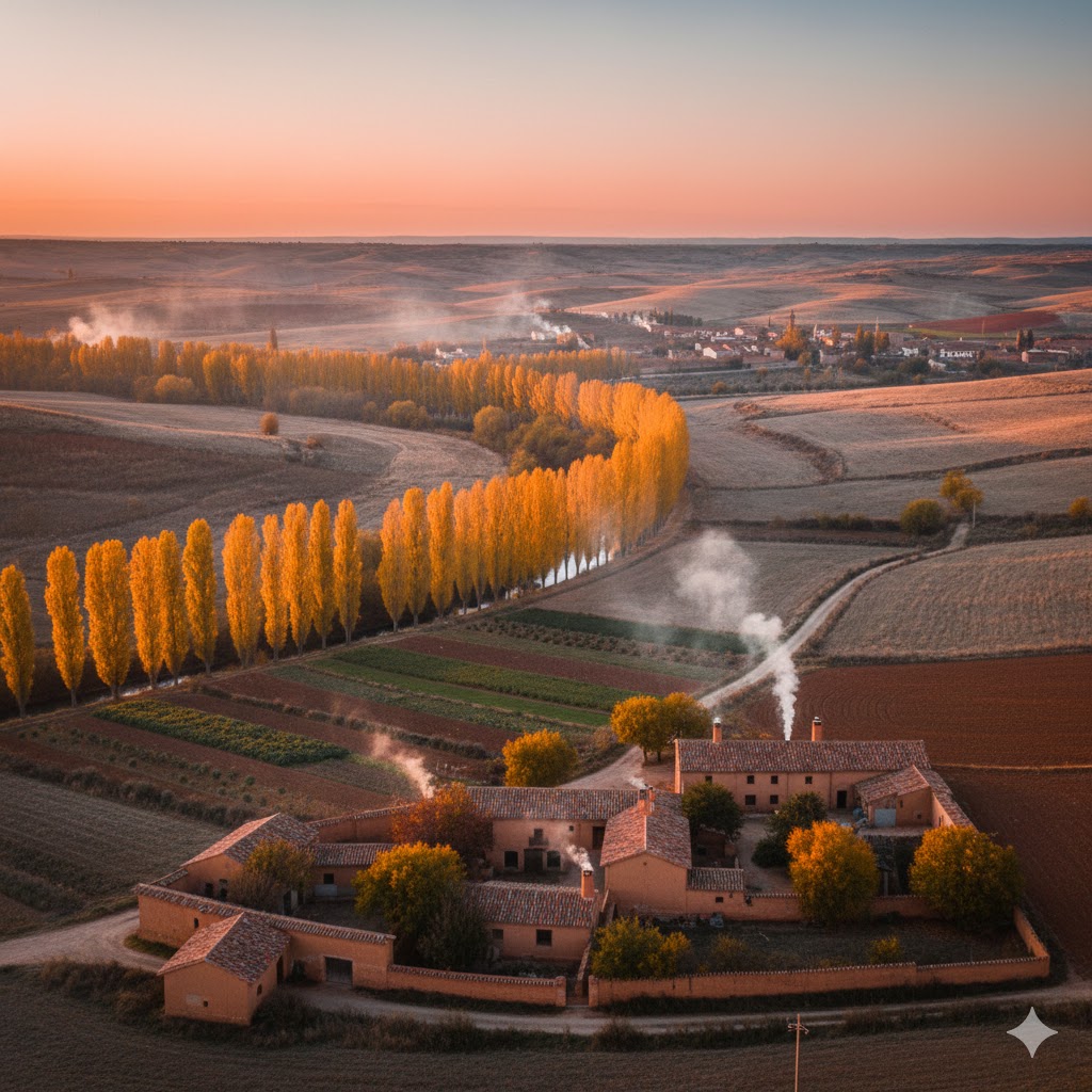 Paisaje otoñal de la meseta castellana, con chopos amarillos, huertas y casas de adobe con chimeneas humeantes