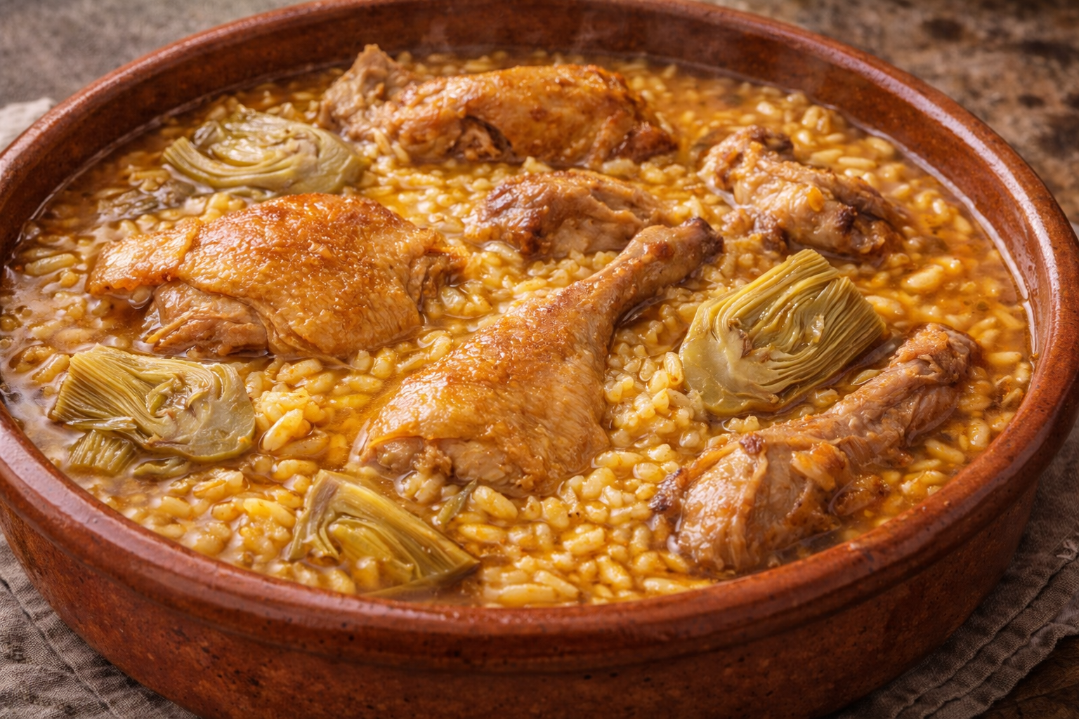 Arroz caldoso de pato y conejo con alcachofas servido en cazuela de barro, con trozos de carne dorada y alcachofas enteras