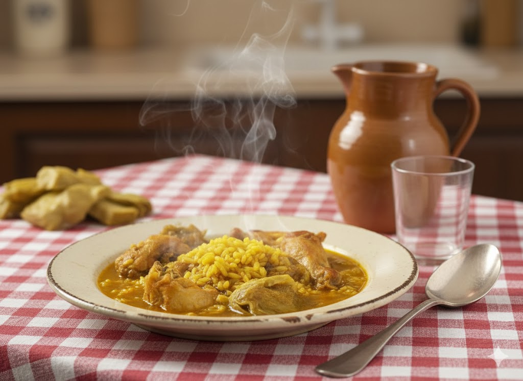 Arroz caldoso de pato y conejo con alcachofas presentado en cazuela, con las alcachofas enteras mostrando su corazón tierno