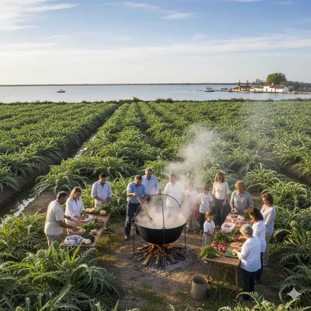 Paisaje primaveral de la huerta valenciana, con campos de alcachofas y el Parque Natural de la Albufera al fondo