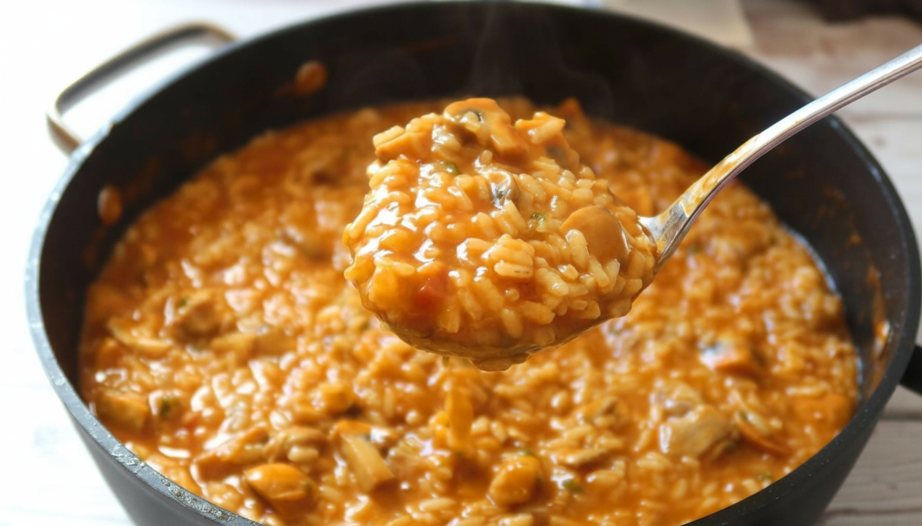Arroz caldoso de pollo tradicional servido en cazuela de barro, con trozos de pollo dorado y arroz jugoso
