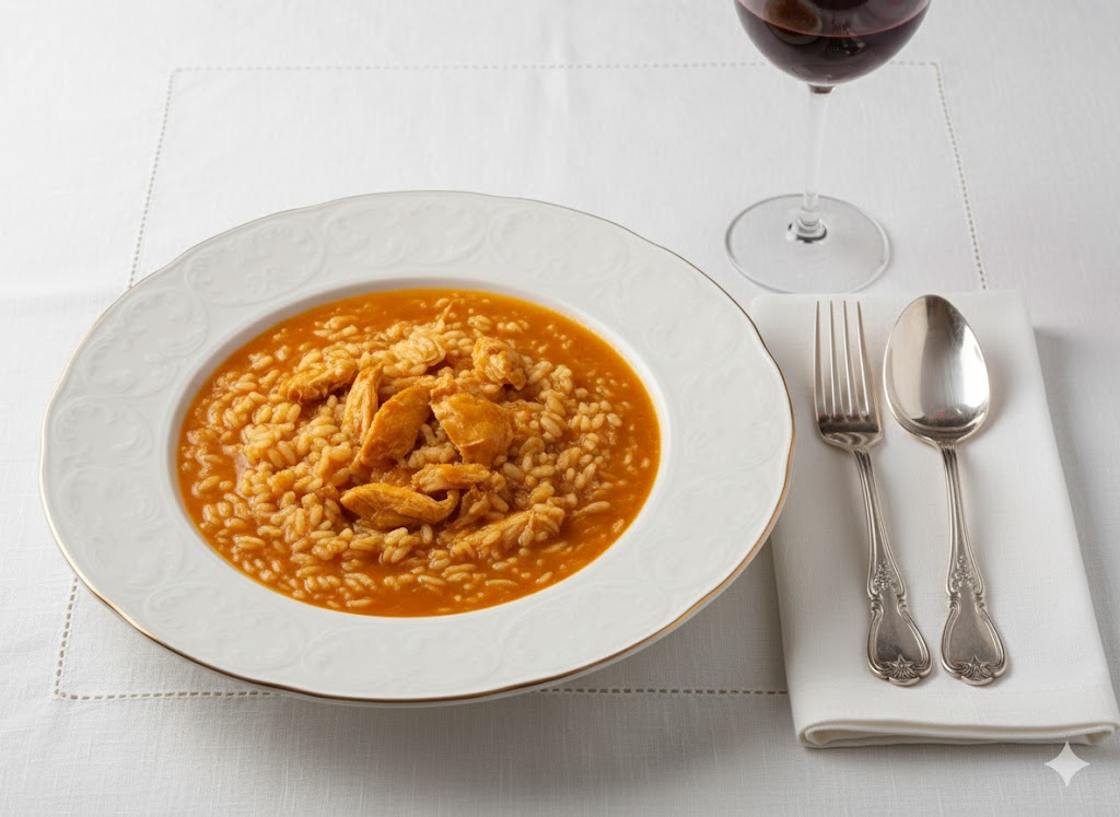 Arroz caldoso de pollo tradicional en cazuela, listo para servir en platos hondos con cuchara