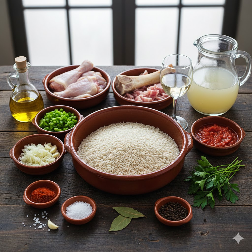 Ingredientes esenciales: pollo troceado, cebolla, ajo, tomate, arroz bomba y especias básicas