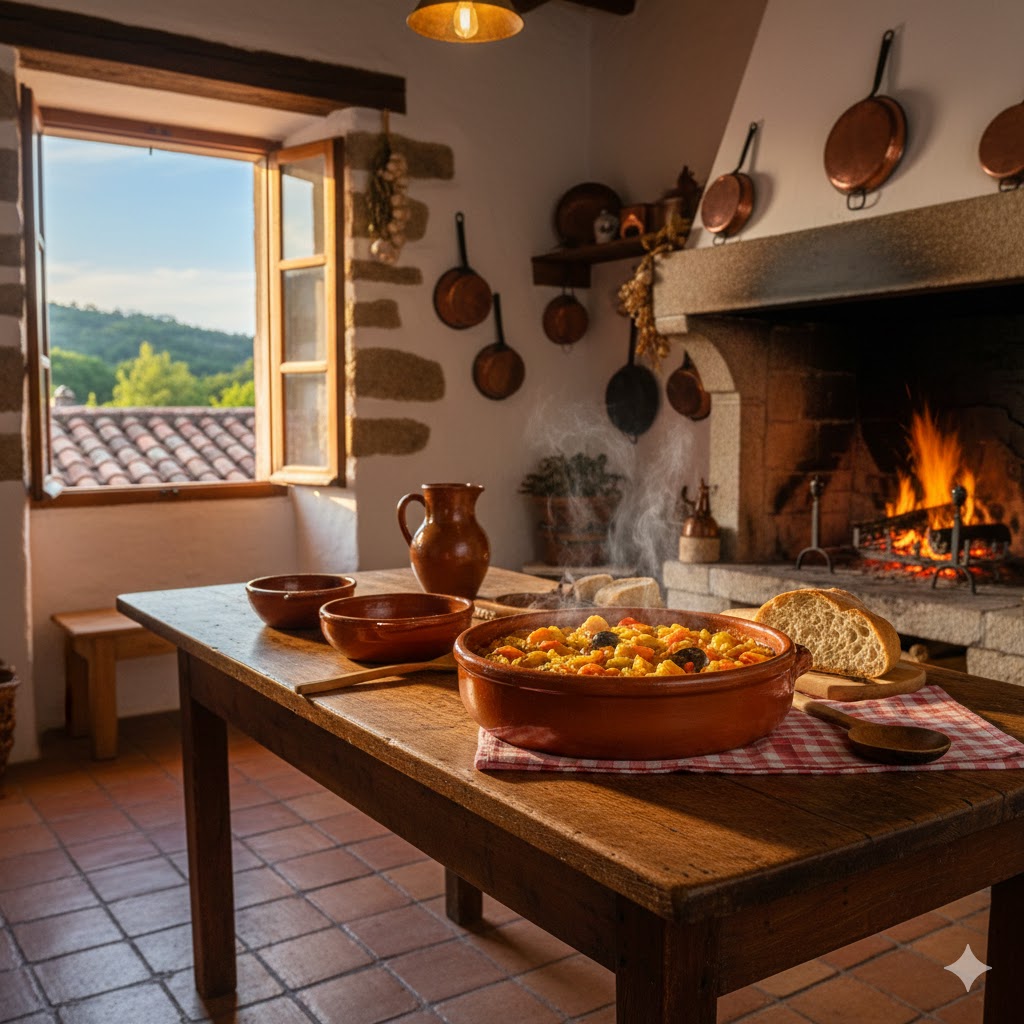 Interior de una cocina tradicional española con cazuela de barro sobre la mesa y luz cálida entrando por la ventana