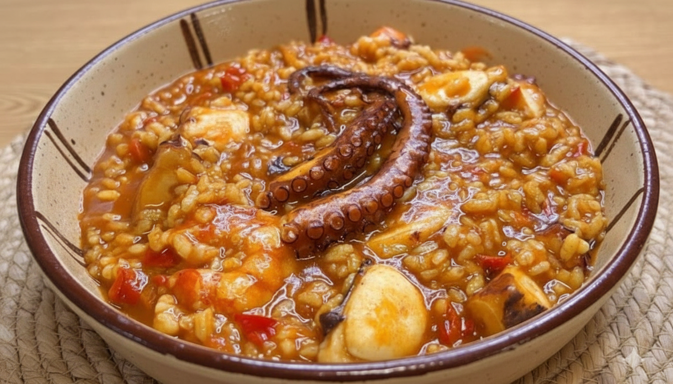 Arroz caldoso de pulpo y gambas servido en cazuela, con rodajas de pulpo tierno y gambas rosadas