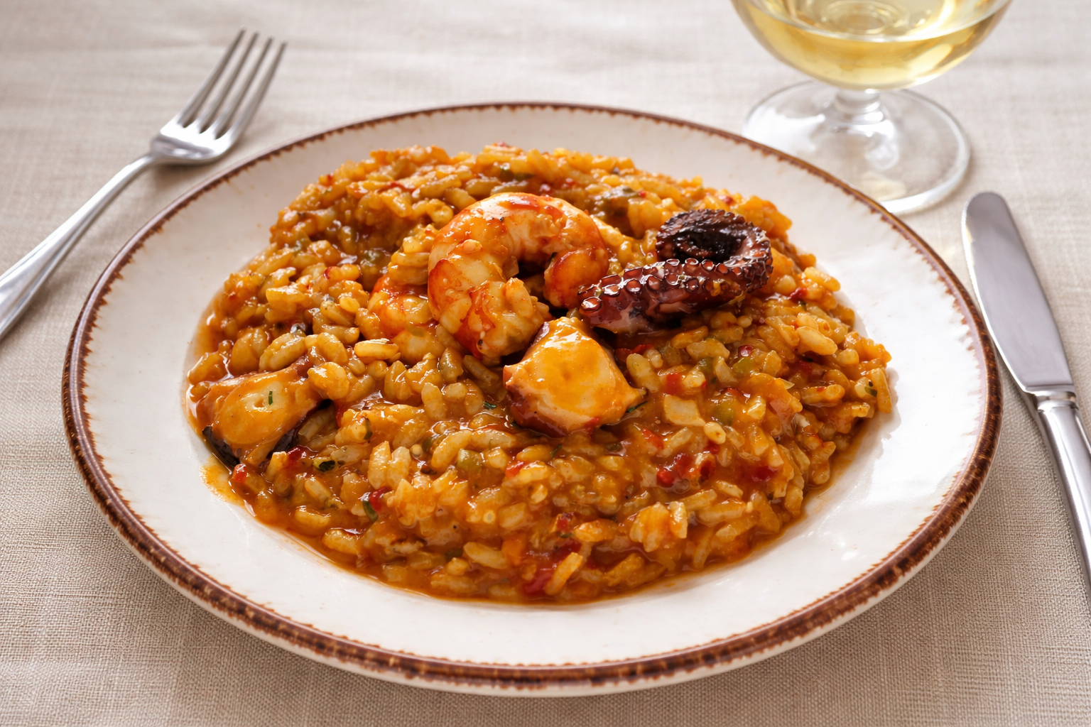 Arroz caldoso de pulpo y gambas presentado en cazuela, con las gambas rosadas y rodajas de pulpo visibles sobre el arroz jugoso