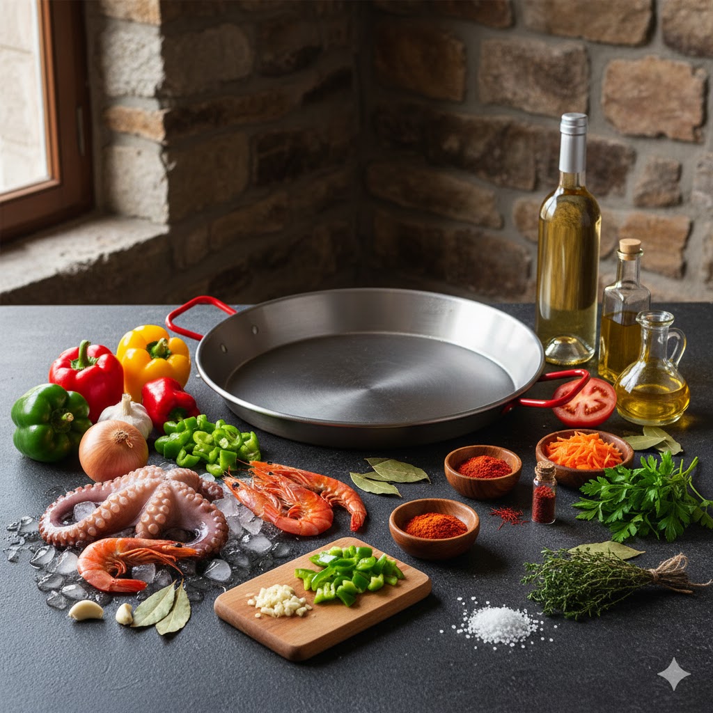 Ingredientes principales: pulpo gallego, gambas rojas con cabeza, cebolla, ajo, tomate y arroz bomba