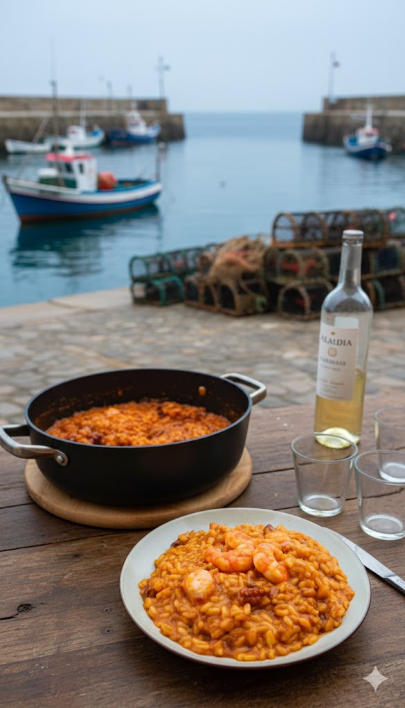 Paisaje de ría gallega al atardecer, con bateas de mejillones y barcas de pescadores regresando al puerto
